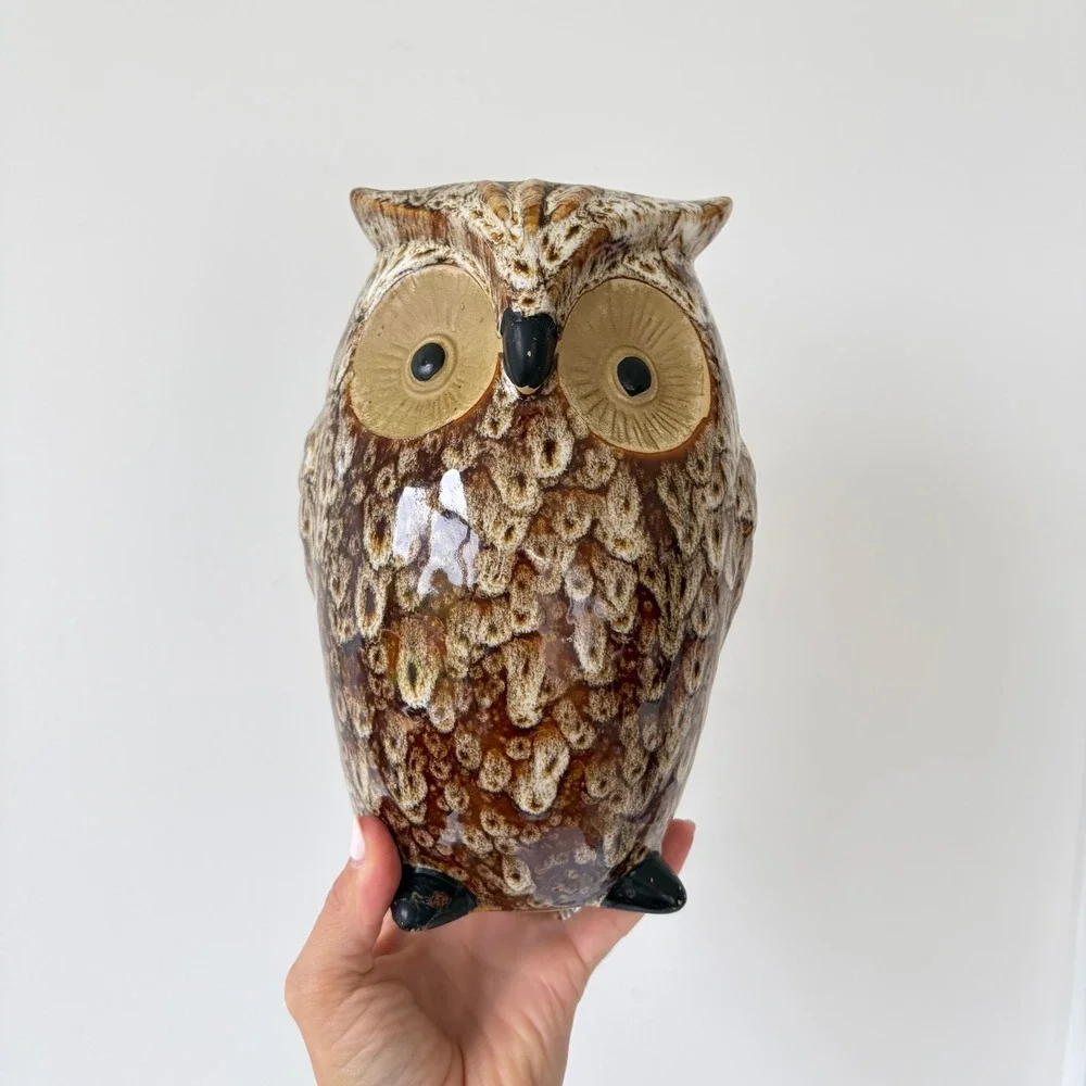 Ceramic Owl Vase and Greenbrier Owl Figurine Set
